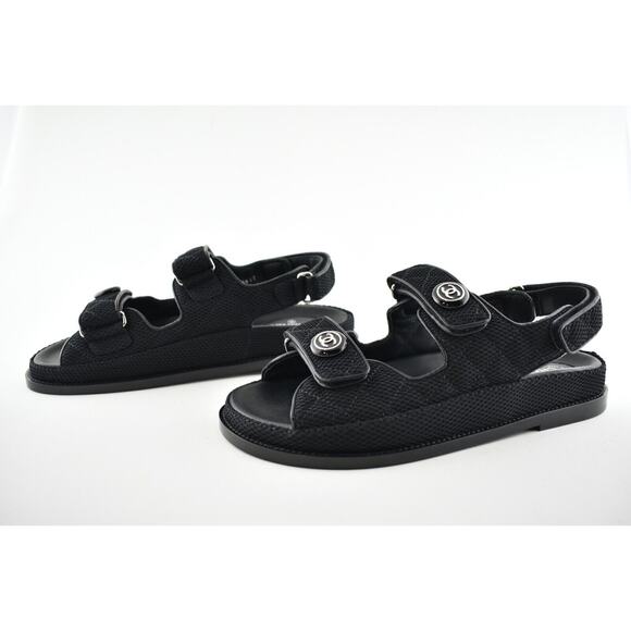 Chanel 21C Black Fabric Silver CC Logo Mule Slide Strap Flat Teva Dad Sandal 40 - Picture 10 of 11